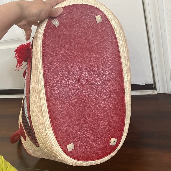 $208 By Del Rio Straw Tote Bag Women Red NEW Sequined Lips Tassel Pom Pom Large - Picture 14 of 16